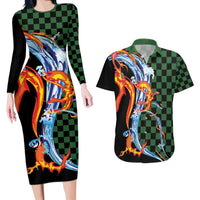 Japanese Asanoha Pattern Couples Matching Long Sleeve Bodycon Dress and Hawaiian Shirt Sun Flame Slayer Dragon Hinokami Kagura Spirit LT9 Green - Polynesian Pride