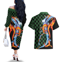 Japanese Asanoha Pattern Couples Matching Off The Shoulder Long Sleeve Dress and Hawaiian Shirt Sun Flame Slayer Dragon Hinokami Kagura Spirit LT9 - Polynesian Pride