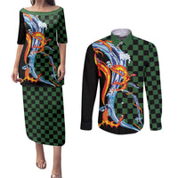 Japanese Asanoha Pattern Couples Matching Puletasi and Long Sleeve Button Shirt Sun Flame Slayer Dragon Hinokami Kagura Spirit LT9 Green - Polynesian Pride