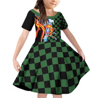 Japanese Asanoha Pattern Family Matching Off Shoulder Short Dress and Hawaiian Shirt Sun Flame Slayer Dragon Hinokami Kagura Spirit LT9 Daughter's Dress Green - Polynesian Pride