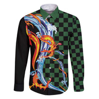 Japanese Asanoha Pattern Family Matching Puletasi and Hawaiian Shirt Sun Flame Slayer Dragon Hinokami Kagura Spirit LT9 Dad's Shirt - Long Sleeve Green - Polynesian Pride