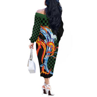 Japanese Asanoha Pattern Off The Shoulder Long Sleeve Dress Sun Flame Slayer Dragon Hinokami Kagura Spirit LT9 - Polynesian Pride