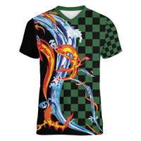 Japanese Asanoha Pattern Women V-Neck T-Shirt Sun Flame Slayer Dragon Hinokami Kagura Spirit LT9 Female Green - Polynesian Pride