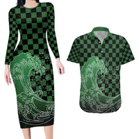 Japanese Asanoha Pattern Couples Matching Long Sleeve Bodycon Dress and Hawaiian Shirt Water Breathing Slayer Dragon LT9 Green - Polynesian Pride