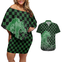 Japanese Asanoha Pattern Couples Matching Off Shoulder Short Dress and Hawaiian Shirt Water Breathing Slayer Dragon LT9 Green - Polynesian Pride