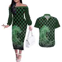 Japanese Asanoha Pattern Couples Matching Off The Shoulder Long Sleeve Dress and Hawaiian Shirt Water Breathing Slayer Dragon LT9 Green - Polynesian Pride