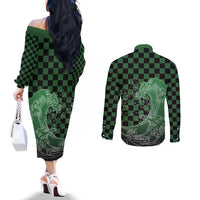 Japanese Asanoha Pattern Couples Matching Off The Shoulder Long Sleeve Dress and Long Sleeve Button Shirt Water Breathing Slayer Dragon LT9 - Polynesian Pride