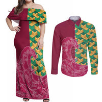 Japanese Bishamon-Kikkou Pattern Couples Matching Off Shoulder Maxi Dress and Long Sleeve Button Shirt Water Pillar Silent River Flow - Polynesian Pride