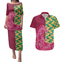 Japanese Bishamon-Kikkou Pattern Couples Matching Puletasi and Hawaiian Shirt Water Pillar Silent River Flow - Polynesian Pride