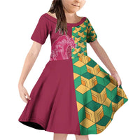 Japanese Bishamon-Kikkou Pattern Family Matching Off Shoulder Short Dress and Hawaiian Shirt Water Pillar Silent River Flow LT9 Daughter's Dress Burgundy - Polynesian Pride
