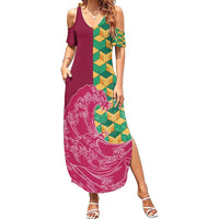 Japanese Bishamon-Kikkou Pattern Family Matching Summer Maxi Dress and Hawaiian Shirt Water Pillar Silent River Flow LT9 Mom's Dress Burgundy - Polynesian Pride