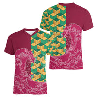 Japanese Bishamon-Kikkou Pattern Women V-Neck T-Shirt Water Pillar Silent River Flow - Polynesian Pride