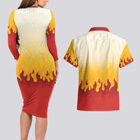 Japanese Kaen Pattern Couples Matching Long Sleeve Bodycon Dress and Hawaiian Shirt Flame Pillar Blazing Lion Heart LT9 - Polynesian Pride