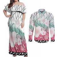 Japanese Kocho Pattern Couples Matching Off Shoulder Maxi Dress and Long Sleeve Button Shirt Insect Pillar Butterfly Flower Fairy LT9 Pink - Polynesian Pride