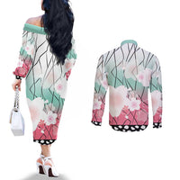 Japanese Kocho Pattern Couples Matching Off The Shoulder Long Sleeve Dress and Long Sleeve Button Shirt Insect Pillar Butterfly Flower Fairy LT9 - Polynesian Pride