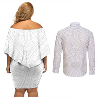 Samoa Lotu Tamaiti Couples Matching Off Shoulder Short Dress and Long Sleeve Button Shirts Polynesian White Sunday Simple LT9 - Polynesian Pride