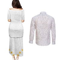 Tonga White Sunday Couples Matching Puletasi Dress and Long Sleeve Button Shirts Polynesian Plumeria Tribal Simple LT9 - Polynesian Pride