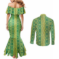 Hawaii Lei with Tribal Quilt Motif Couples Matching Mermaid Dress and Long Sleeve Button Shirt LT9 - Polynesian Pride