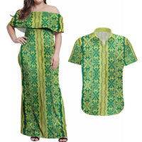 Hawaii Lei with Tribal Quilt Motif Couples Matching Off Shoulder Maxi Dress and Hawaiian Shirt LT9 Green - Polynesian Pride