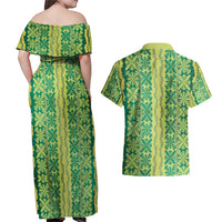 Hawaii Lei with Tribal Quilt Motif Couples Matching Off Shoulder Maxi Dress and Hawaiian Shirt LT9 - Polynesian Pride