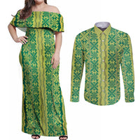 Hawaii Lei with Tribal Quilt Motif Couples Matching Off Shoulder Maxi Dress and Long Sleeve Button Shirt LT9 Green - Polynesian Pride