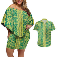 Hawaii Lei with Tribal Quilt Motif Couples Matching Off Shoulder Short Dress and Hawaiian Shirt LT9 Green - Polynesian Pride