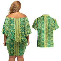 Hawaii Lei with Tribal Quilt Motif Couples Matching Off Shoulder Short Dress and Hawaiian Shirt LT9 - Polynesian Pride
