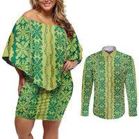Hawaii Lei with Tribal Quilt Motif Couples Matching Off Shoulder Short Dress and Long Sleeve Button Shirt LT9 Green - Polynesian Pride
