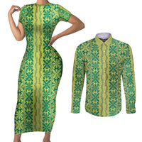 Hawaii Lei with Tribal Quilt Motif Couples Matching Short Sleeve Bodycon Dress and Long Sleeve Button Shirt LT9 Green - Polynesian Pride
