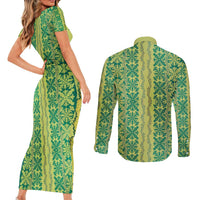 Hawaii Lei with Tribal Quilt Motif Couples Matching Short Sleeve Bodycon Dress and Long Sleeve Button Shirt LT9 - Polynesian Pride
