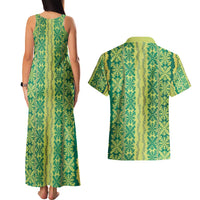 Hawaii Lei with Tribal Quilt Motif Couples Matching Tank Maxi Dress and Hawaiian Shirt LT9 - Polynesian Pride