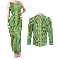 Hawaii Lei with Tribal Quilt Motif Couples Matching Tank Maxi Dress and Long Sleeve Button Shirt LT9 Green - Polynesian Pride