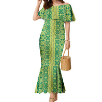Hawaii Lei with Tribal Quilt Motif Family Matching Mermaid Dress and Hawaiian Shirt LT9 Mom's Dress Green - Polynesian Pride