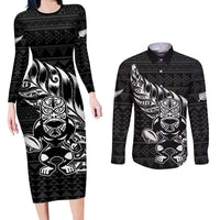 New Zealand Rugby Warrior Custom Couples Matching Long Sleeve Bodycon Dress and Long Sleeve Button Shirt Black Fern Taniko Motif LT9 Black - Polynesian Pride
