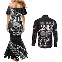 New Zealand Rugby Warrior Custom Couples Matching Mermaid Dress and Long Sleeve Button Shirt Black Fern Taniko Motif LT9 - Polynesian Pride