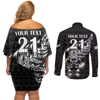 New Zealand Rugby Warrior Custom Couples Matching Off Shoulder Short Dress and Long Sleeve Button Shirt Black Fern Taniko Motif LT9 - Polynesian Pride