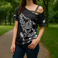 New Zealand Rugby Warrior Custom Cross Shoulder Shirt Black Fern Taniko Motif LT9 - Polynesian Pride