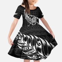 New Zealand Rugby Warrior Custom Family Matching Long Sleeve Bodycon Dress and Hawaiian Shirt Black Fern Taniko Motif LT9 Daughter's Dress Black - Polynesian Pride