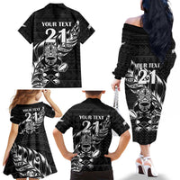 New Zealand Rugby Warrior Custom Family Matching Off The Shoulder Long Sleeve Dress and Hawaiian Shirt Black Fern Taniko Motif LT9 - Polynesian Pride