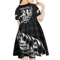 New Zealand Rugby Warrior Custom Kid Short Sleeve Dress Black Fern Taniko Motif LT9 - Polynesian Pride