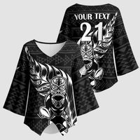 New Zealand Rugby Warrior Custom Kimono Sleeve Blouse Black Fern Taniko Motif LT9 - Polynesian Pride
