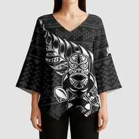 New Zealand Rugby Warrior Custom Kimono Sleeve Blouse Black Fern Taniko Motif LT9 - Polynesian Pride