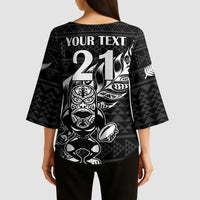 New Zealand Rugby Warrior Custom Kimono Sleeve Blouse Black Fern Taniko Motif LT9 - Polynesian Pride