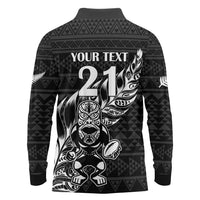 New Zealand Rugby Warrior Custom Long Sleeve Polo Shirt Black Fern Taniko Motif LT9 - Polynesian Pride