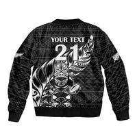 New Zealand Rugby Warrior Custom Sleeve Zip Bomber Jacket Black Fern Taniko Motif