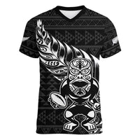 New Zealand Rugby Warrior Custom Women V-Neck T-Shirt Black Fern Taniko Motif LT9 Female Black - Polynesian Pride