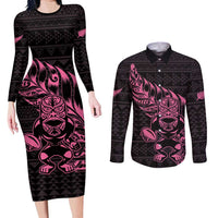 New Zealand Rugby Warrior Custom Couples Matching Long Sleeve Bodycon Dress and Long Sleeve Button Shirt Pink Fern Taniko Motif LT9 Pink - Polynesian Pride