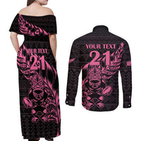 New Zealand Rugby Warrior Custom Couples Matching Off Shoulder Maxi Dress and Long Sleeve Button Shirt Pink Fern Taniko Motif LT9 - Polynesian Pride