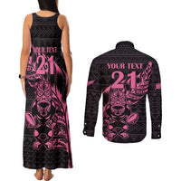 New Zealand Rugby Warrior Custom Couples Matching Tank Maxi Dress and Long Sleeve Button Shirt Pink Fern Taniko Motif LT9 - Polynesian Pride