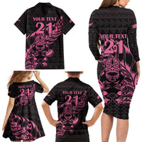 New Zealand Rugby Warrior Custom Family Matching Long Sleeve Bodycon Dress and Hawaiian Shirt Pink Fern Taniko Motif LT9 - Polynesian Pride